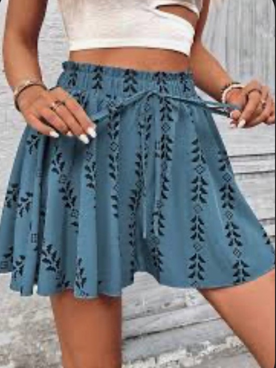 Dresses & Skirts - Blue Patterned Drawstring Skort